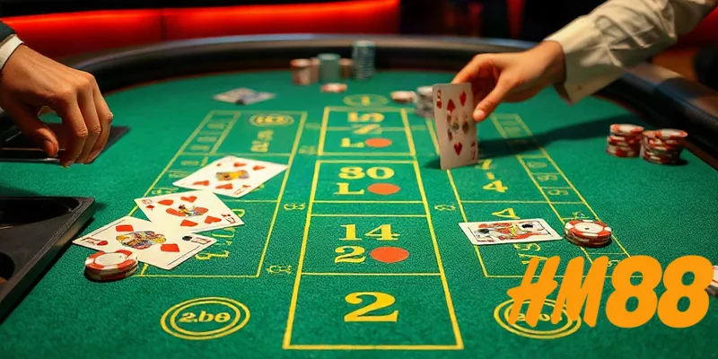 Bàn chơi baccarat HM88 với bài và chip cược